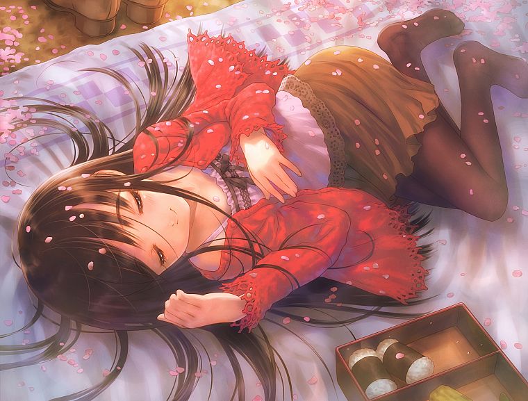 brunettes, long hair, pantyhose, sleeping, closed eyes, flower petals, anime girls, original characters - desktop wallpaper