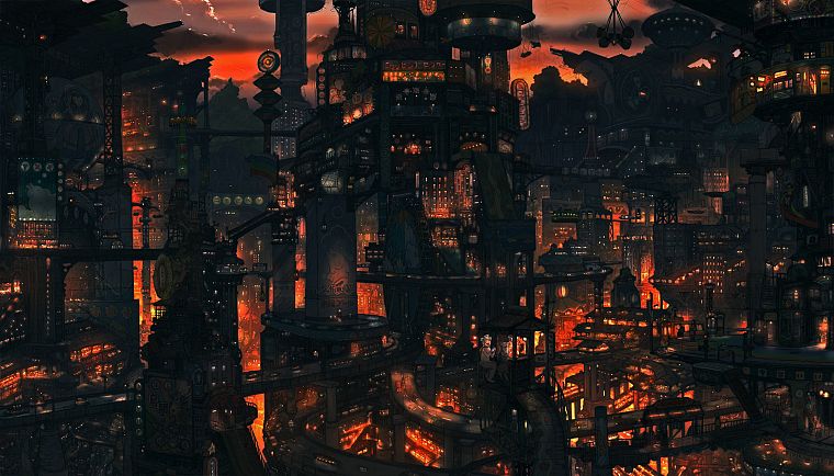 cityscapes, night, architecture, steampunk, buildings, imperial boy, cities - desktop wallpaper