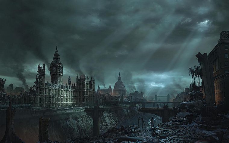 blue, clouds, cityscapes, London, destruction, buildings, Big Ben - desktop wallpaper