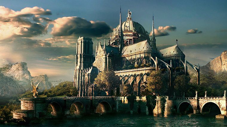 water, fantasy, skylines, bridges, artwork, cathedrals - desktop wallpaper