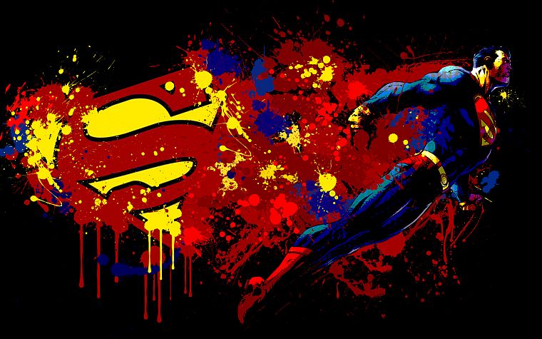 Superman, superheroes, Superman Logo, black background, paint splatter - desktop wallpaper