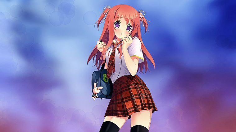 school uniforms, skirts, thigh highs, simple background, Kantoku (artist), original characters, Kurumi (Kantoku) - desktop wallpaper