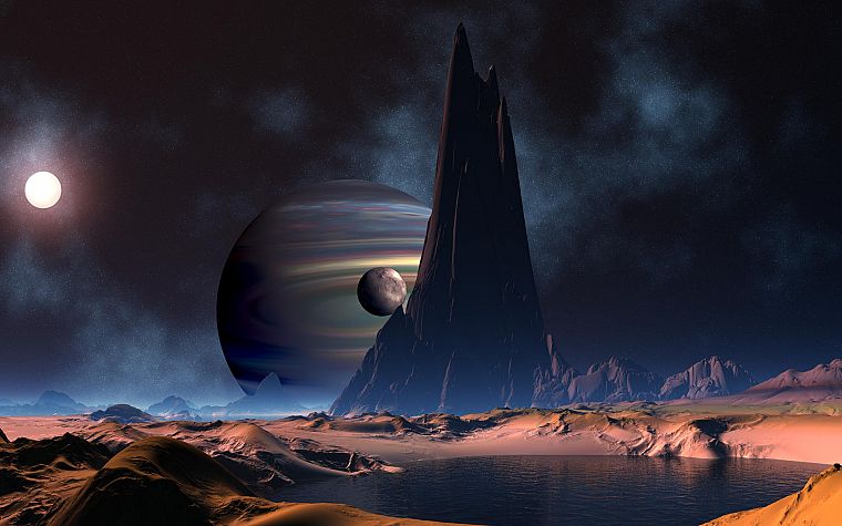 mountains, outer space, planets, deserts, Moon, science fiction, lakes - desktop wallpaper