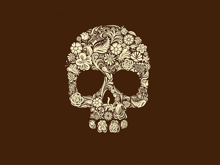 skulls, flowers, brown background - desktop wallpaper