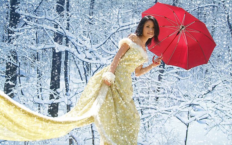 women, winter, red, Asians, umbrellas - desktop wallpaper