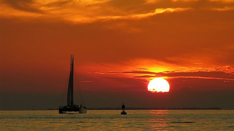 sunset, ocean, clouds, landscapes, Sun, boats, vehicles - desktop wallpaper