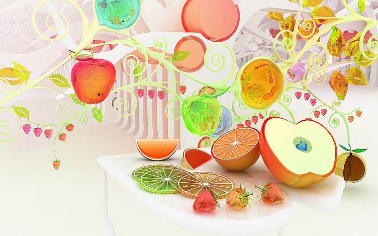 fruits, CGI, oranges, strawberries, chromatic, apples, K3 Studio - desktop wallpaper
