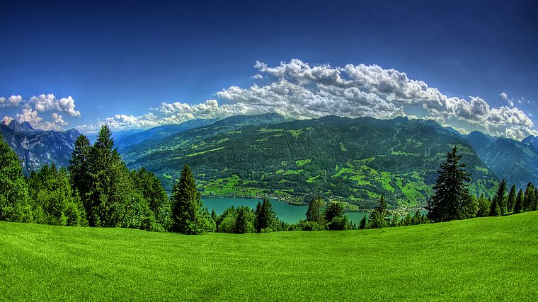 mountains, clouds, landscapes, trees, grass, towns, Lake Lucerne - desktop wallpaper