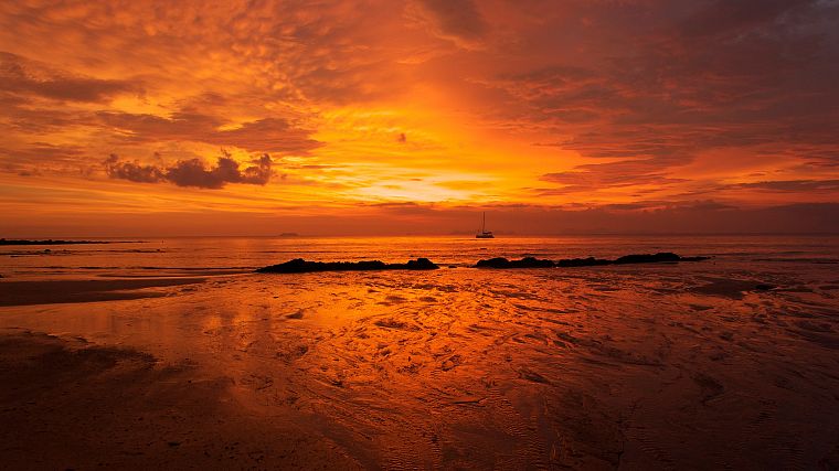 sunset, ocean, nature, orange, ships - desktop wallpaper