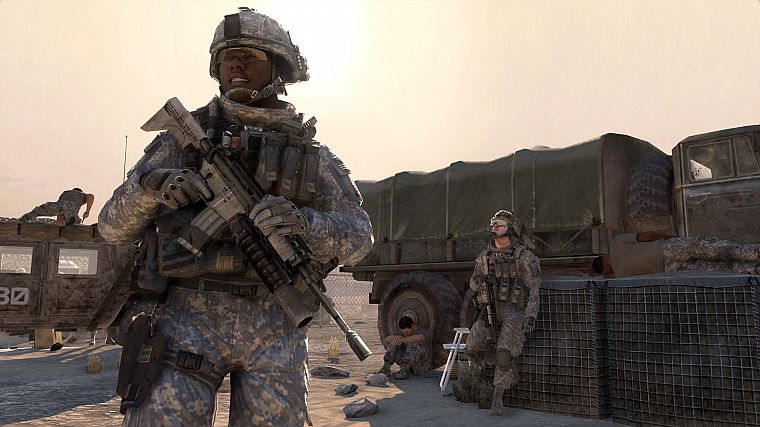 video games, Sun, pistols, gloves, deserts, Call of Duty, trucks, glasses, screenshots, goggles, US Army, Humvee, M4A1, grenade launcher, Call of Duty: Modern Warfare 2 - desktop wallpaper