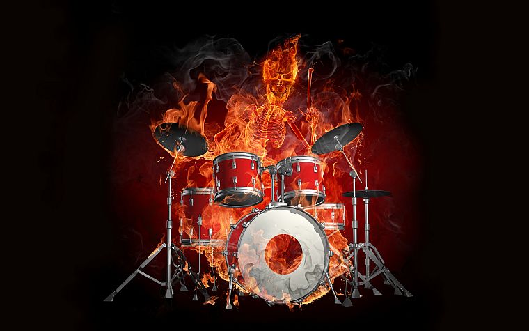 flames, fire, drums, black background - desktop wallpaper