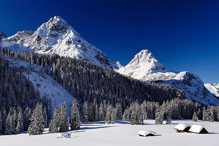 mountains, snow, cabin - desktop wallpaper