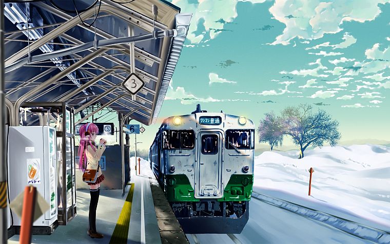 Japan, snow, trains, train stations, anime girls - desktop wallpaper