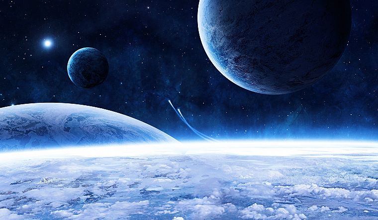 clouds, stars, planets, Moon, Earth - desktop wallpaper
