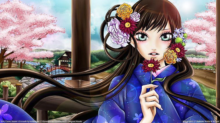 brunettes, cherry blossoms, flowers, Sakura, bridges, kimono, green eyes, rivers, anime girls, Japanese architecture, Towako Gokurakuin, Ojousama wa Oyomesama - desktop wallpaper