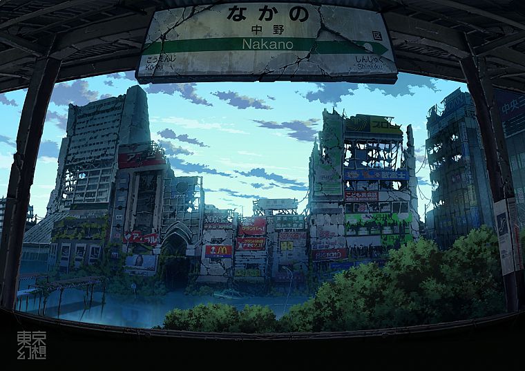 Japan, ruins, cityscapes, post-apocalyptic, buildings, artwork, anime, abandoned city, abandoned, flooded, Nakano, TokyoGenso - desktop wallpaper
