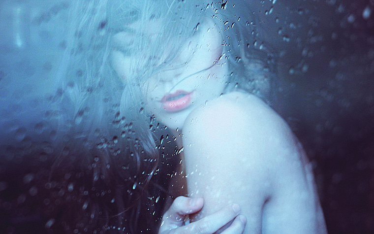 women, rain, water drops, closed eyes, rain on glass - desktop wallpaper