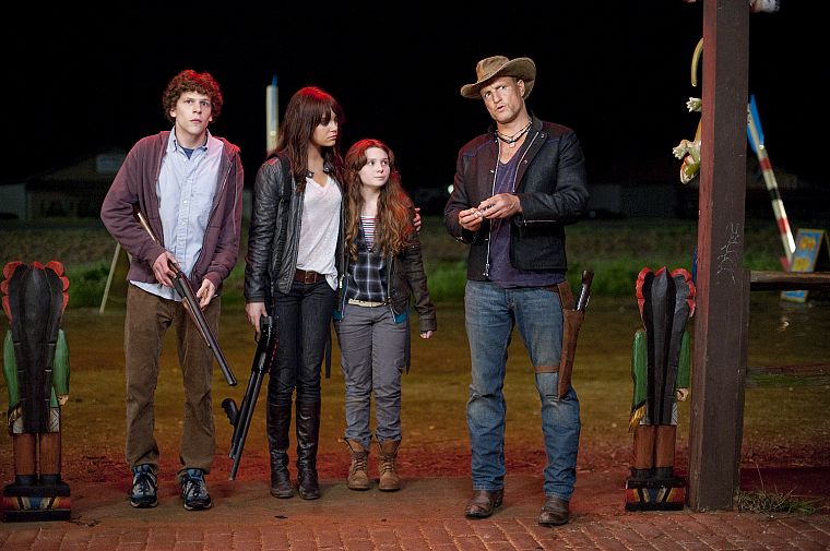 jeans, actress, shotguns, Emma Stone, Zombieland, actors, Abigail Breslin, Jesse Eisenberg, Woody Harrelson - desktop wallpaper