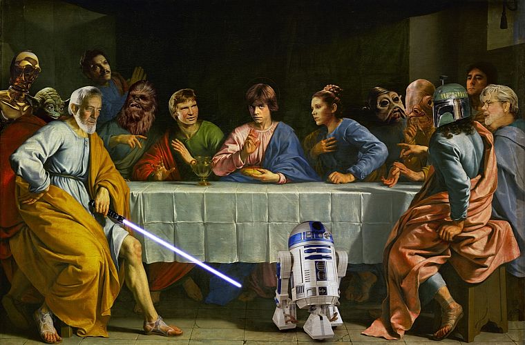 Star Wars, C3PO, R2D2, Luke Skywalker, The Last Supper, Han Solo, Chewbacca, Leia Organa, Yoda, Jango Fett, George Lucas, Obi-Wan Kenobi - desktop wallpaper