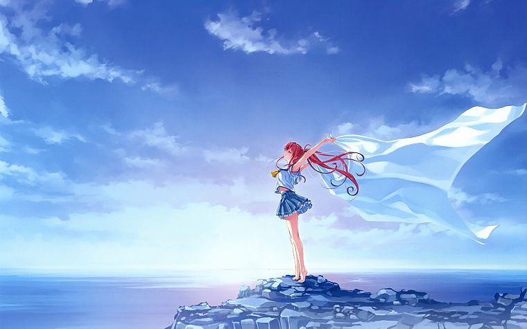 water, redheads, skirts, skyscapes, Misaki Kurehito, anime girls, Suiheisen made Nan Mile?, Miyamae Tomoka - desktop wallpaper
