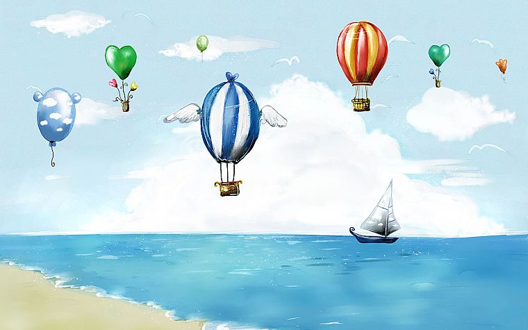 clouds, digital art, artwork, hot air balloons, hearts, balloons, sea - desktop wallpaper