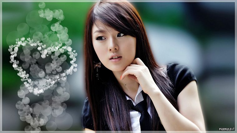 brunettes, women, Hwang Mi Hee, Asians, bokeh, Korean, hearts - desktop wallpaper