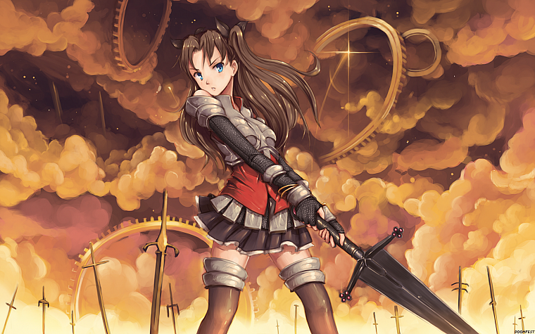 brunettes, Fate/Stay Night, Tohsaka Rin, blue eyes, Unlimited Blade Works, armor, twintails, skyscapes, swords, Fate series - desktop wallpaper