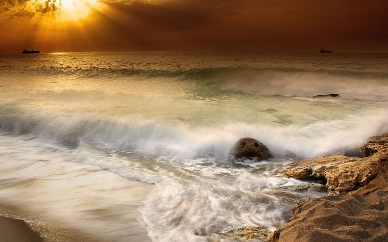 sunset, ocean, landscapes, nature, waves, sea, beaches - desktop wallpaper