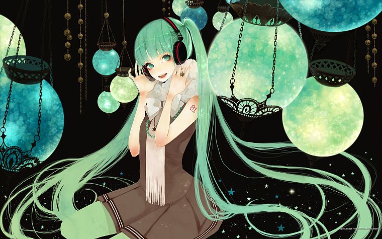 headphones, Vocaloid, Hatsune Miku, long hair, green eyes, green hair, anime girls - desktop wallpaper