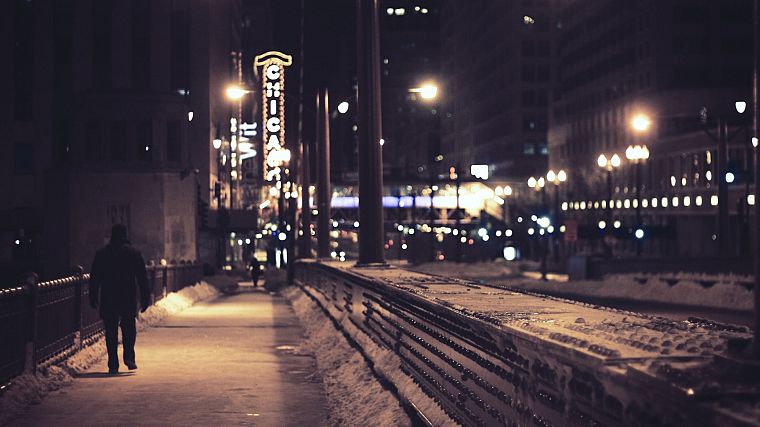 snow, streets, Chicago, walk, street lights - desktop wallpaper
