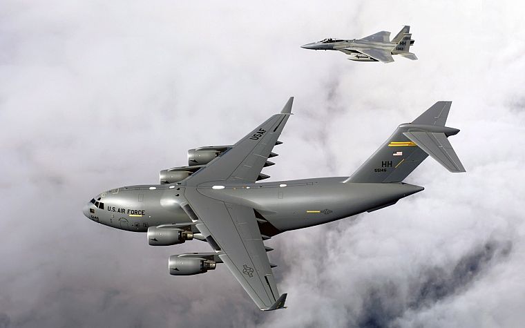 clouds, aircraft, war, military, airplanes, F-15 Eagle, C-17 Globemaster - desktop wallpaper