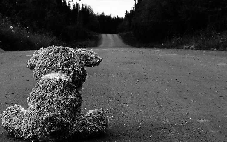 sad, roads, stuffed animals, monochrome, teddy bears - desktop wallpaper