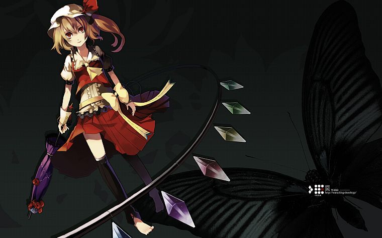 Touhou, dress, vampires, red eyes, umbrellas, Flandre Scarlet, anime girls - desktop wallpaper