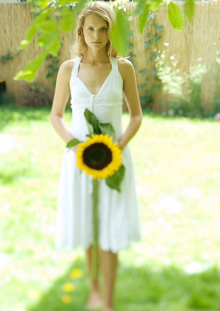 blondes, women, white dress, sunflowers - desktop wallpaper