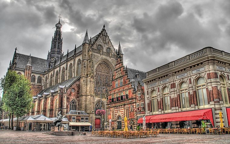clouds, trees, cityscapes, architecture, buildings, Europe, Holland, cathedrals, HDR photography, Haarlem - desktop wallpaper