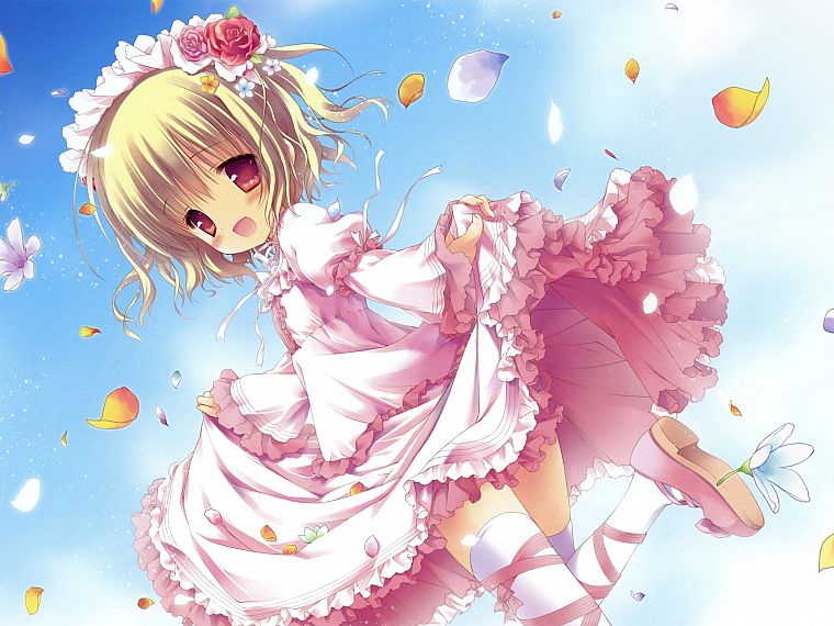 blondes, dress, blossoms, thigh highs, lolicon, anime, pink eyes, lolita fashion, flower petals, anime girls, looking back - desktop wallpaper