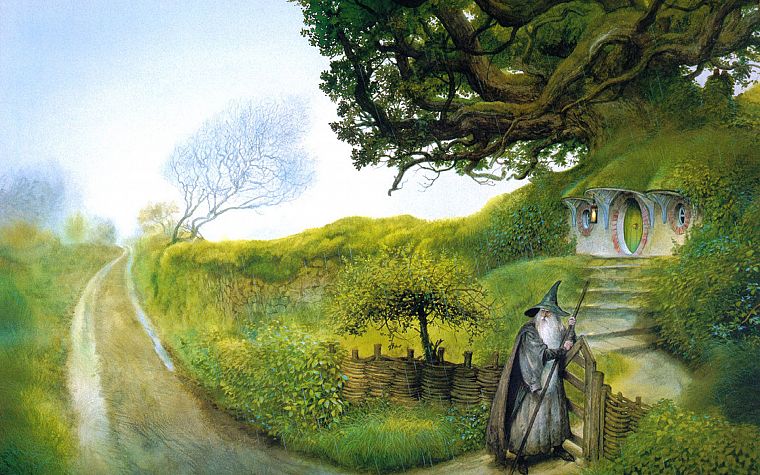 Gandalf, The Lord of the Rings, artwork, John Howe, The Fellowship of the Ring, The Shire, Bag End - desktop wallpaper