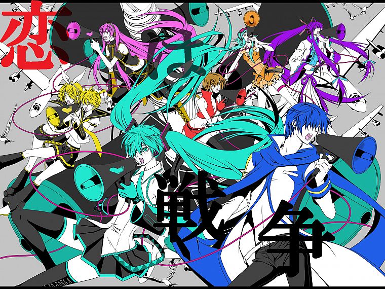 Vocaloid, Hatsune Miku, Megurine Luka, Kaito (Vocaloid), Kagamine Rin, Kagamine Len, Love is War, Megpoid Gumi, Meiko, Kamui Gakupo, detached sleeves - desktop wallpaper