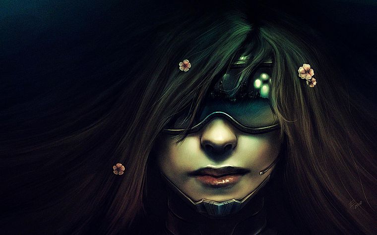 women, flowers, futuristic, glasses, long hair, cyberpunk, masks, artwork, Neuromancer - desktop wallpaper