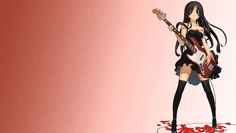 light, music, K-ON!, guitars, Akiyama Mio, flower petals, simple background, anime girls - desktop wallpaper