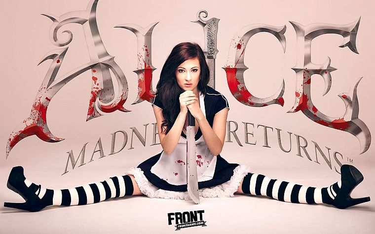 brunettes, women, cosplay, Alice, Alice: Madness Returns, Front Magazine, striped legwear - desktop wallpaper