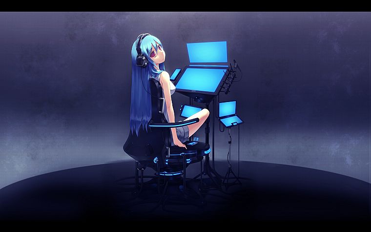 headphones, blue hair, red eyes, original characters - desktop wallpaper
