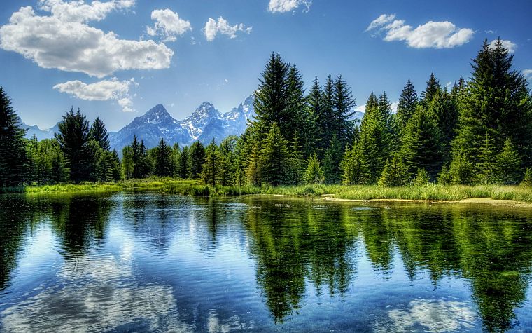 water, mountains, clouds, landscapes, nature, trees, forests, woods, lakes, reflections - desktop wallpaper