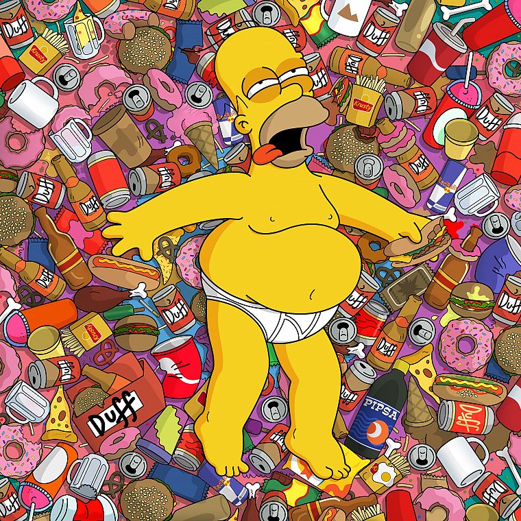 beers, food, ice cream, bottles, pizza, Homer Simpson, donuts, hotdogs, The Simpsons, french fries, hamburgers, beer cans - desktop wallpaper