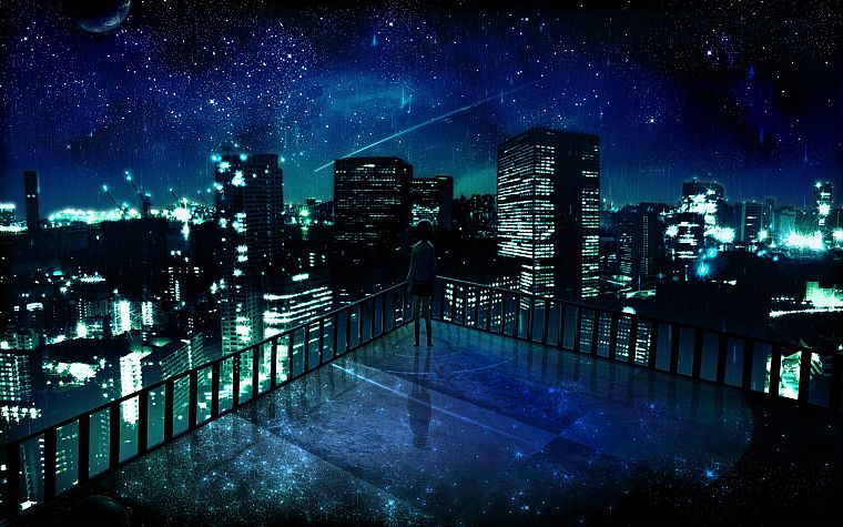 outer space, cityscapes, night, stars, balcony, buildings, lonely, city lights, artwork, manga, night landscapes - desktop wallpaper