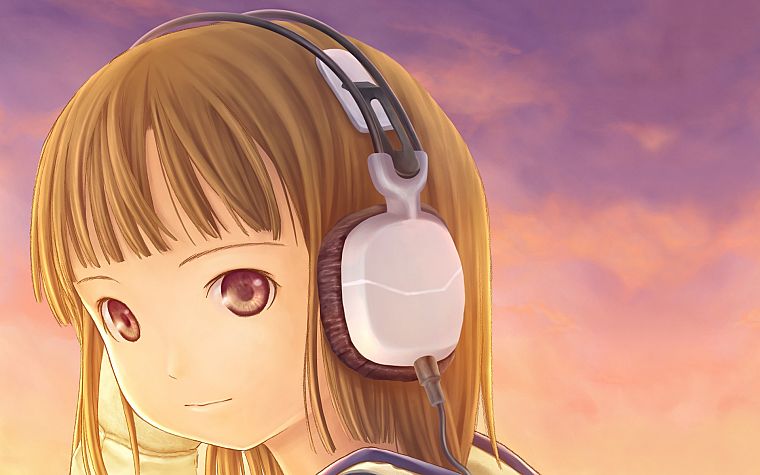 headphones, brunettes, long hair, brown eyes, anime girls - desktop wallpaper