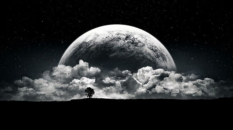 fantasy, clouds, landscapes, outer space, trees, stars, planets, silhouettes, fantasy art, land, moons, Moonrise - desktop wallpaper