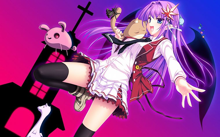 stockings, blue hair, purple hair, Maikaze No Melt, anime girls - desktop wallpaper