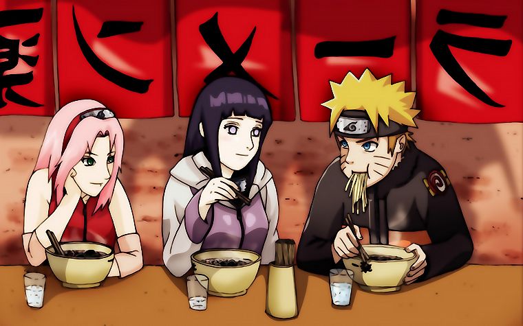 Haruno Sakura, Naruto: Shippuden, Hyuuga Hinata, artwork, Ichiraku, Uzumaki Naruto, Ramen - desktop wallpaper