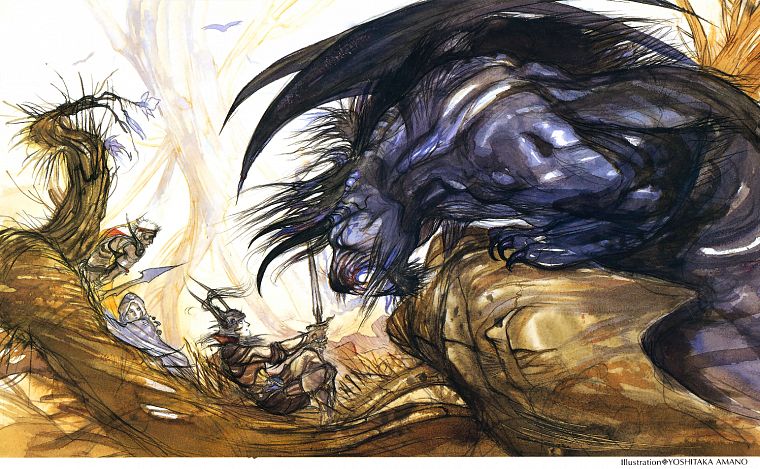 wings, horns, artwork, Final Fantasy II, Yoshitaka Amano - desktop wallpaper